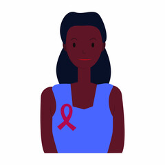 Black woman in red ribbon isolated on white. Concept of AIDS, HIV disease. 1 December World AIDS day