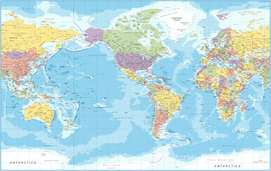  World Map - Political - American View - America in Center -Vector Detailed Illustration