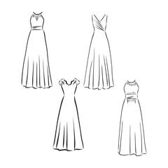 Wall Mural - Hand drawn vector clothing set. of trendy maxi dresses isolated on white. dress vector sketch illustration