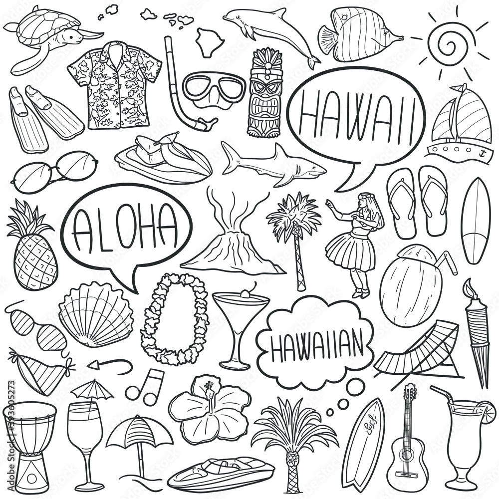Vector de Stock Hawaii doodle icon set. Travel Vacations Vector  illustration collection. Summer Banner Hand drawn Line art style. | Adobe  Stock, image size:1000x1000