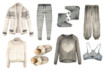 Watercolor Fashion Illustration. set of trendy accessories.Christmas morning. cardigan,sweater,pajamas, slippers, bra