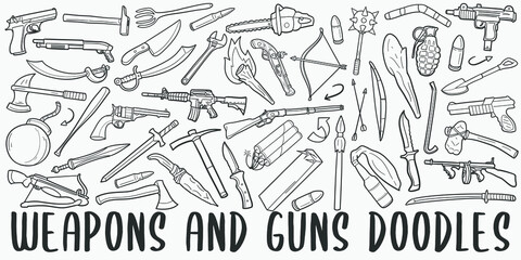 Wall Mural - Weapons and Guns doodle icon set. War Killer Style Vector illustration collection. Banner Hand drawn Line art style.