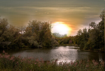 Wall Mural - sunset over the river