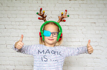 Little Girl Wearing Occluder And Christmas Raindeer Horns, Treatment Of Amblyopia And Poor Eyesight
