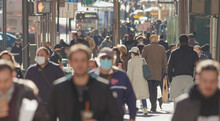 Crowd Of People Walking Street Wearing Masks In New York City During Covid 19 Coronavirus Pandemic In 2020