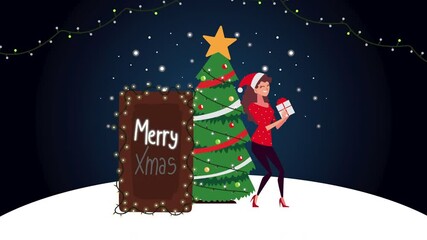 Wall Mural - happy merry christmas animation with woman lifting gift and pine tree