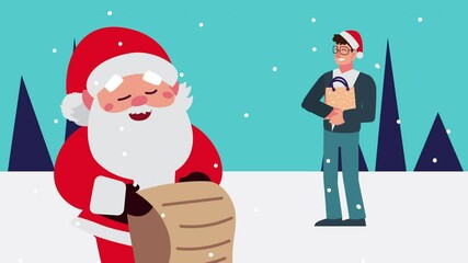 Wall Mural - happy merry christmas animation with man and santa claus in snowscape