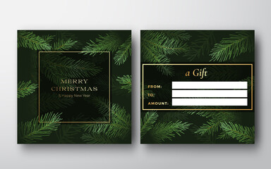 Canvas Print - New Year and Christmas Abstract Vector Greeting Gift Card Background. Back and Front Design Layout with Modern Typography. Soft Shadows and Sketch Fir-needle Pine Branches. Isolated
