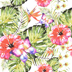 Poster - beautiful red flowers ,palm leaves, watercolor on a white