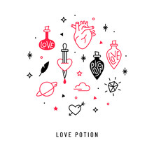 Magic And Mystical Vector Set. Illustration Of A Love Drink, Potion, Poison And Spell. Linear Realistic Heart Icon. Stylish Trendy Doodles For Love Concept.
