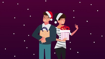 Wall Mural - happy merry christmas animation with couple lifting gifts scene