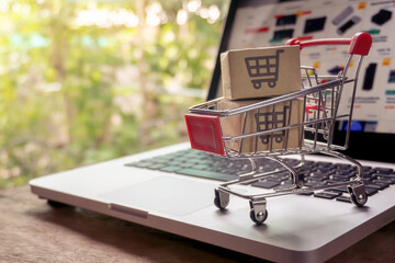 Shopping online concept - Parcel or Paper cartons with a shopping cart logo in a trolley on a laptop keyboard. Shopping service on The online web. offers home delivery..