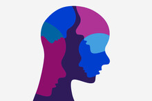 Memories, Bad Dreams Concept. Faces Inside O A Human Head Outline. Purple Blue Isolated Illustration On A White Background. Vector.