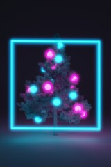 Christmas decorated pine tree with neon glowing balls stand by neon glowing blue frame in the center of the frame, dark background