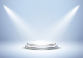 Wall Mural - podium stand on light blue studio background. white circle plinth, pillar or display stage. vector e