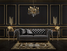Classic black and gold interior with black leather sofa,chandelier,mouldings.3d rendering