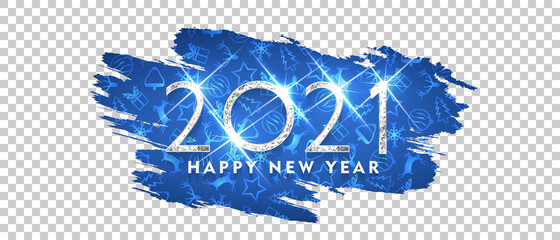 Poster - 2021 Happy new year. Silver Design of greeting card. Happy New Year Banner with 2021 Numbers on brush with Christmas ornaments Pattern design transparent Background. Vector illustration