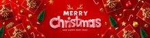 Merry Christmas & Happy New Year Promotion Poster Or Banner With Red Gift Box,LED String Lights And Christmas Element For Retail,Shopping Or Christmas Promotion In Rred And Gold Style.