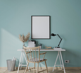 Sticker - mock up frame in bright farmhouse interior background, white wooden office on blue wall, 3d render