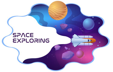 Wall Mural - concept of space exploring. shuttle rocket flying in space with planets and asteroids. astronomy sci