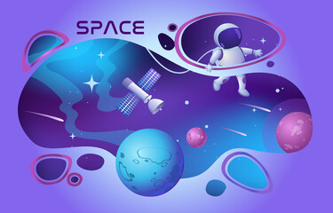 Wall Mural - concept of space exploring. astronaut flying in space with planets, stars and satellite. astronomy s