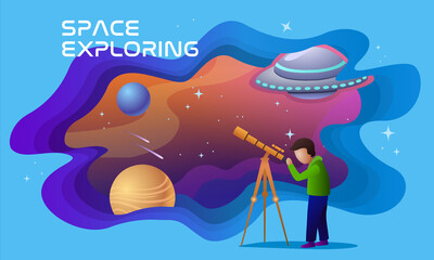 Wall Mural - concept of space exploring. astronomer with telescope exploring night sky with planets, stars and uf
