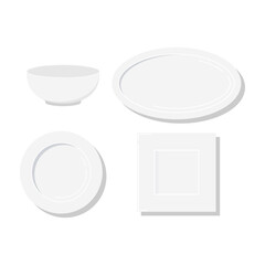 Wall Mural - Empty white plates different form icon set isolated on white background. Flat design classic clean dinner square, round, oval,  plate and soup bowl icon. Vector  ceramic ware dishes illustration.