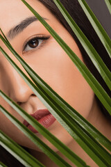 Fashion flora stylish photo of asian beautiful young woman with extended eyelashes through green palm leaves