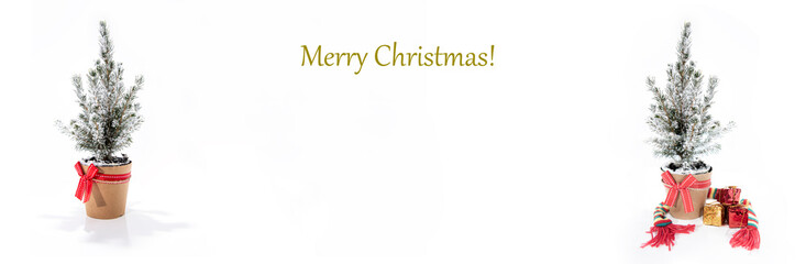Wall Mural - Christmas tree decoration. Merry Christmas horizontal banner. Small tree isolated on white background.