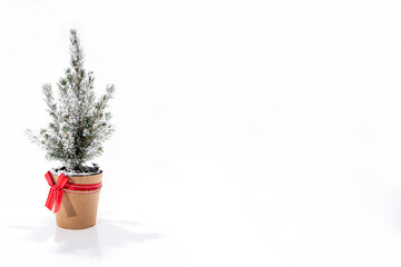Wall Mural - Christmas tree decoration. Merry Christmas horizontal banner. Small tree isolated on white background.