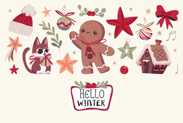  Christmas or New Year Card With Cute Christmas Characters And Objects.
