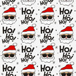 Seamless new year pattern with Santa boss and phrase ho ho ho. Christmas gift background in gray and red colors. Santa in sunglasses. Vector illustration