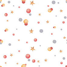 Watercolor Confetti Dots Pattern. Seamless Texture With Gold, Blue, Red Dots And Stars On White Background. Hand Drawn Abstract Festive Wallpaper