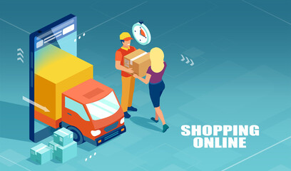 Wall Mural - Online shopping. Vector of a delivery man carrying a box to a internet shopper