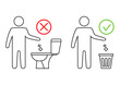 Do not litter in the toilet. Toilet no trash. Keeping the clean. Please do not flush paper towels, sanitary products, icons. Forbidden icon. Throwing garbage in a bin. Public Information