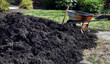 Heap of black gardening mulch with weathered wheelbarrow. 