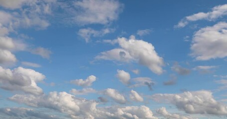 white clouds of different shapes and sizes fly in time lapse fashion over a vivid blue sky on a part