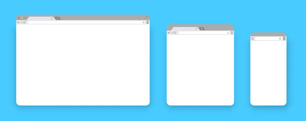 Wall Mural - Browser mockups. Set of Flat blank browser windows for different devices. Template Browser window on your PC, tablet and mobile phone. Empty web page mockup with toolbar. Vector illustration 