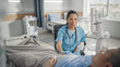 © Gorodenkoff - Hospital Ward: Friendly Chinese Head Nurse / Doctor Sitting Beside Bedridden Recovering Male Patient and Comforts Him, Explaining Test Results, Treatment Plan, and Giving General Medical Advice