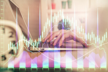 Fototapete - Double exposure of woman hands typing on computer and forex chart hologram drawing. Stock market invest concept.