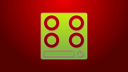 Sticker - Green line Gas stove icon isolated on red background. Cooktop sign. Hob with four circle burners. 4K Video motion graphic animation