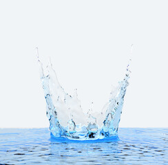  Blue liquid or water splash in shape of crown with small water drops 3d illustration