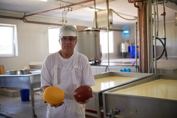 Cheese production cheesemaker working in factory