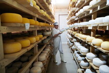 Cheese Maker At The Storage With Shelves Full Of Cow And Goat Cheese