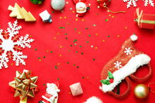 Christmas And Happy New Year 2021 Concept Decorations On Red Carpet Background With Copy Space