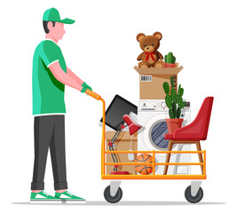 Wall Mural - Male mover, hand truck and package for transportation. Moving to new house. Family relocated to new home. Paper cardboard boxes with various household thing. Vector illustration in flat style