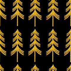 Wall Mural - Seamless pattern Christmas trees gold silhouettes glitter vector illustration