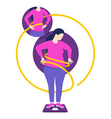 Wall Mural - Weight loss concept - fat overweight woman stands with measuring tape on body scales and thinking about slimming - vector fitness or diet program illustration