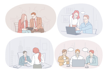 Wall Mural - Teamwork, communication, business, cooperation, discussion, report concept. Business people partners coworkers discussing working projects, having brainstorming, making presentations together