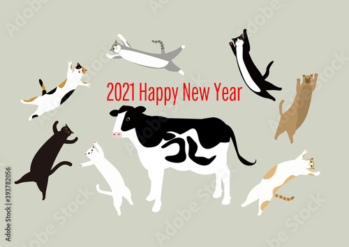 可愛い猫ちゃんと白黒ホルスタイン牛の新年の挨拶 年賀状 丑年 Adobe Stock でこのストックイラストを購入して 類似のイラストをさらに検索 Adobe Stock